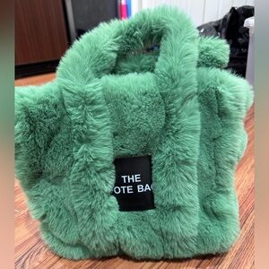 Green Faux Fur Tote Bag with Patch